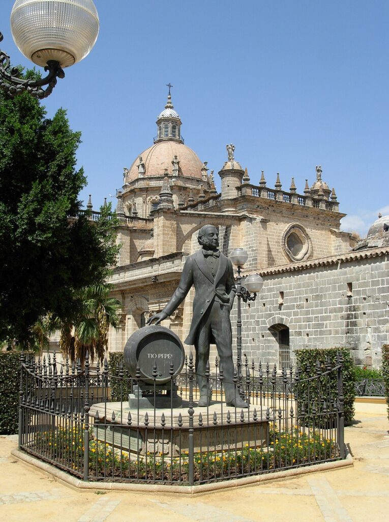Statue of Manuel María González With a Barrel of Tio Pepe, By Catedral de San Salvador, in Jerez de la Frontera, Spain.jpg